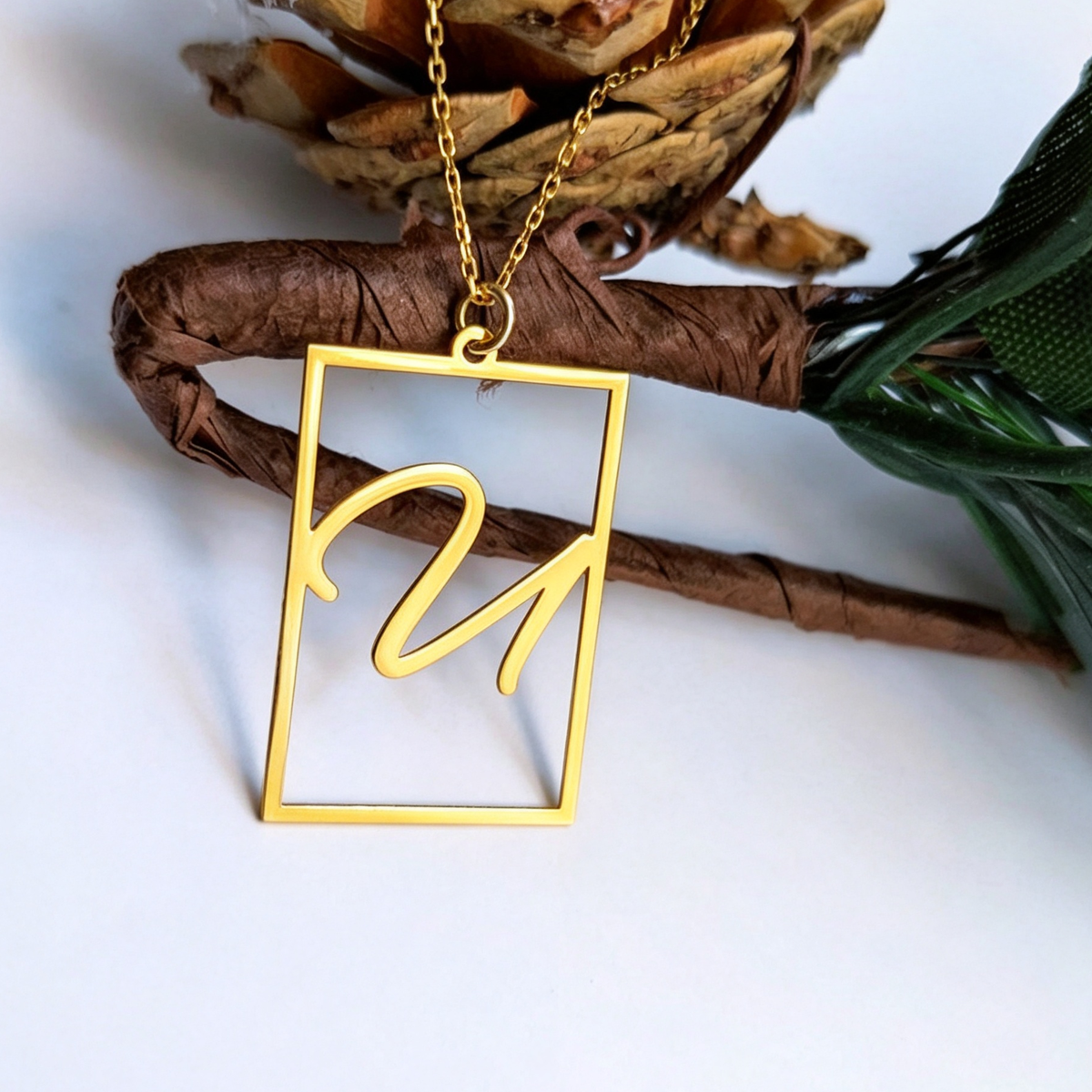 Custom Square Frame Single Initial Necklace with Cable Chain Personalized