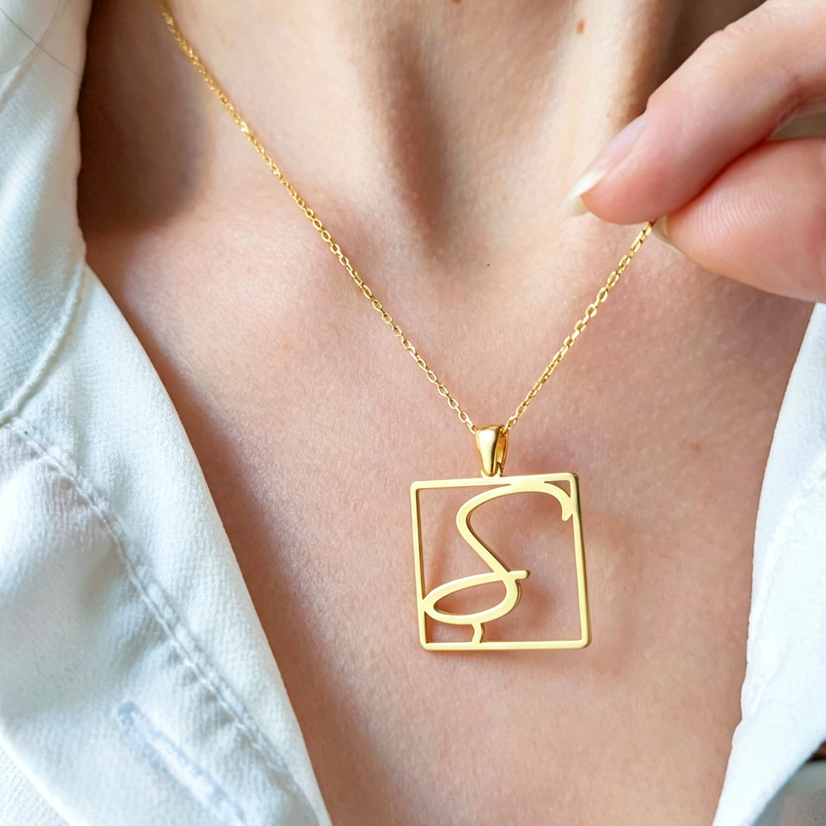 Custom Square Frame Single Initial Necklace with Cable Chain Personalized