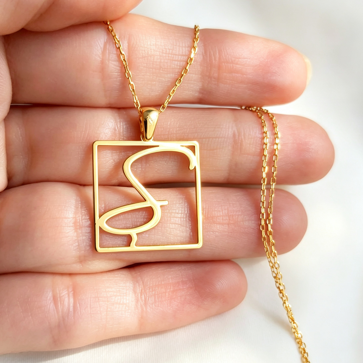 Custom Square Frame Single Initial Necklace with Cable Chain Personalized