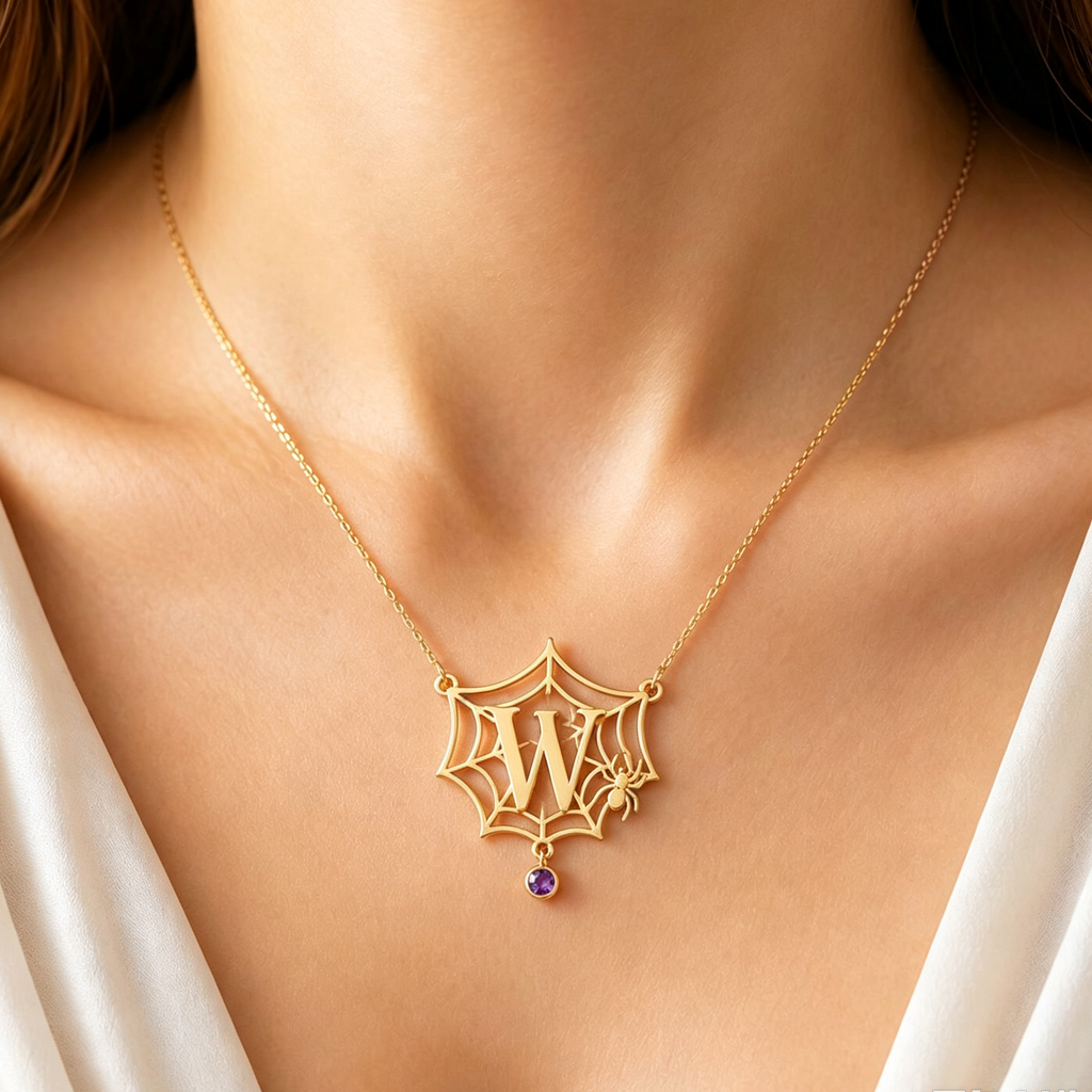 Personalized Halloween Jewelry,Custom Initial Letter Spider Web Necklace with Birthstone.