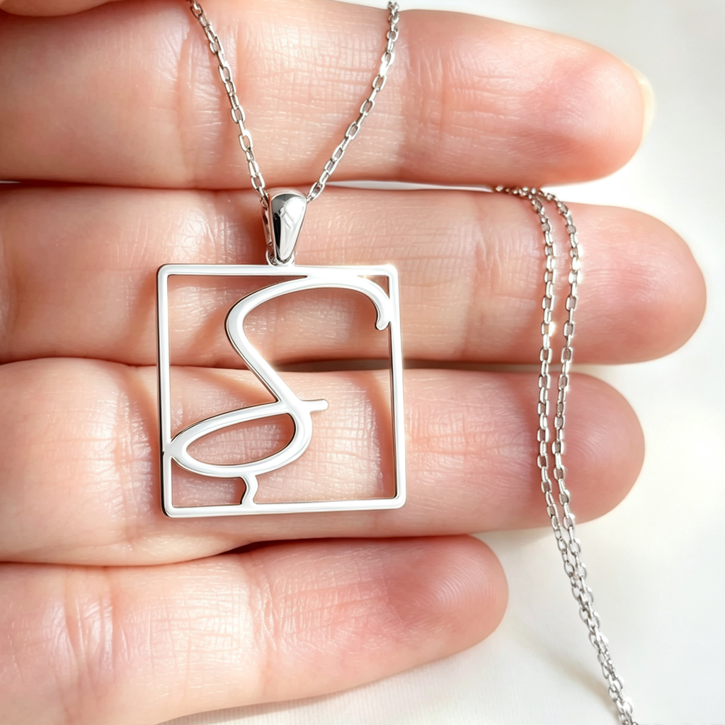 Custom Square Frame Single Initial Necklace with Cable Chain Personalized