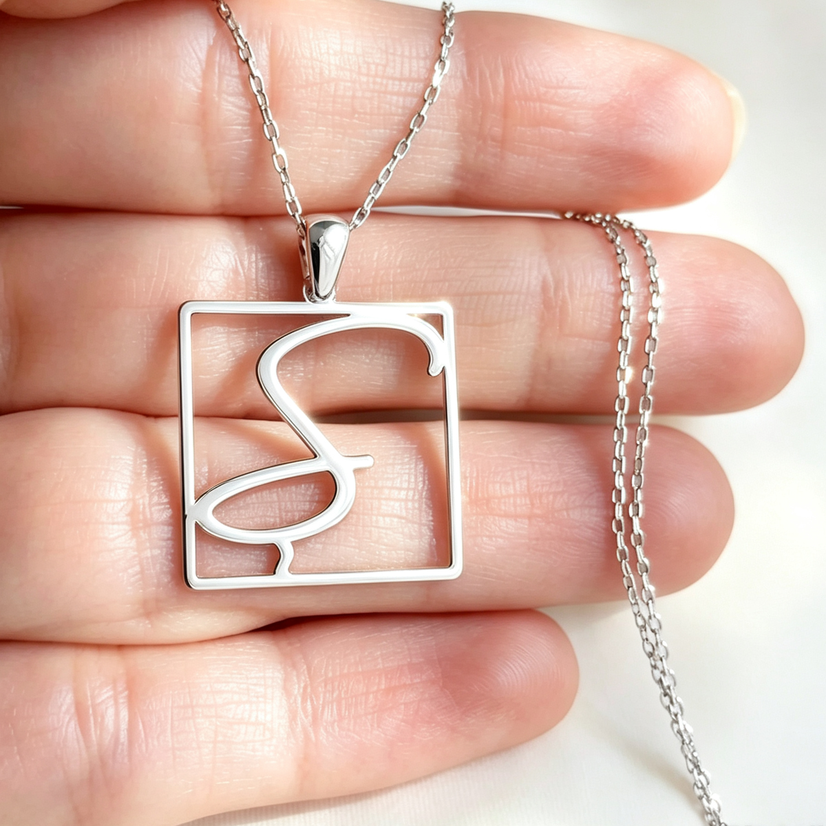 Custom Square Frame Single Initial Necklace with Cable Chain Personalized
