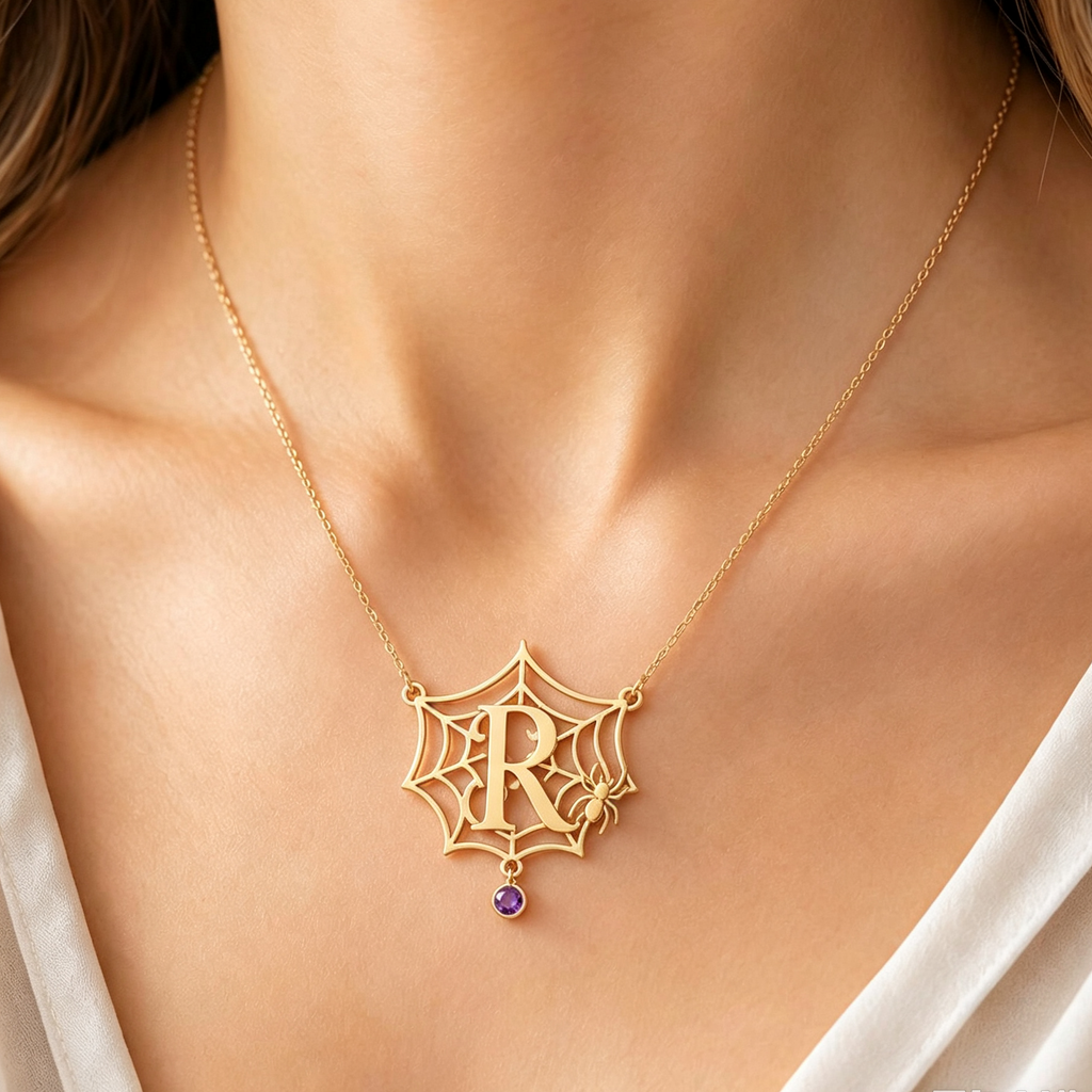 Personalized Halloween Jewelry,Custom Initial Letter Spider Web Necklace with Birthstone.