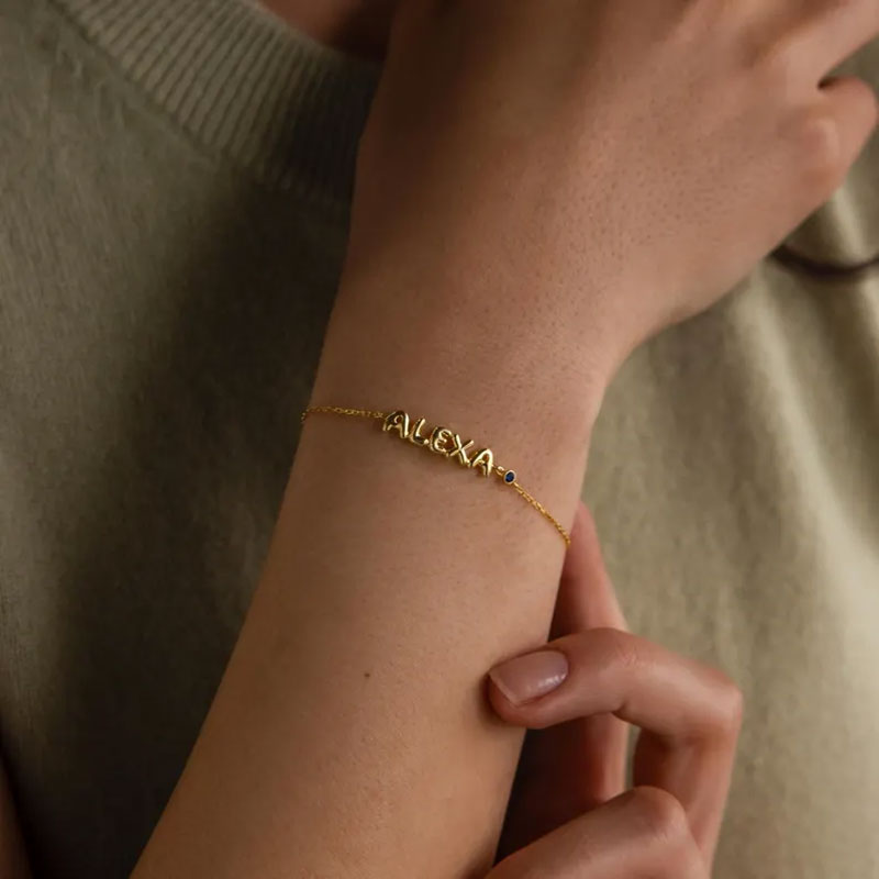 Personalised Balloon Letter Name Bracelet with Birthstone