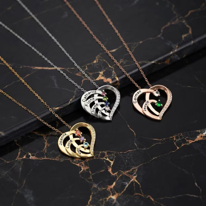 Customised Engraved Family Name Necklace with Birthstones