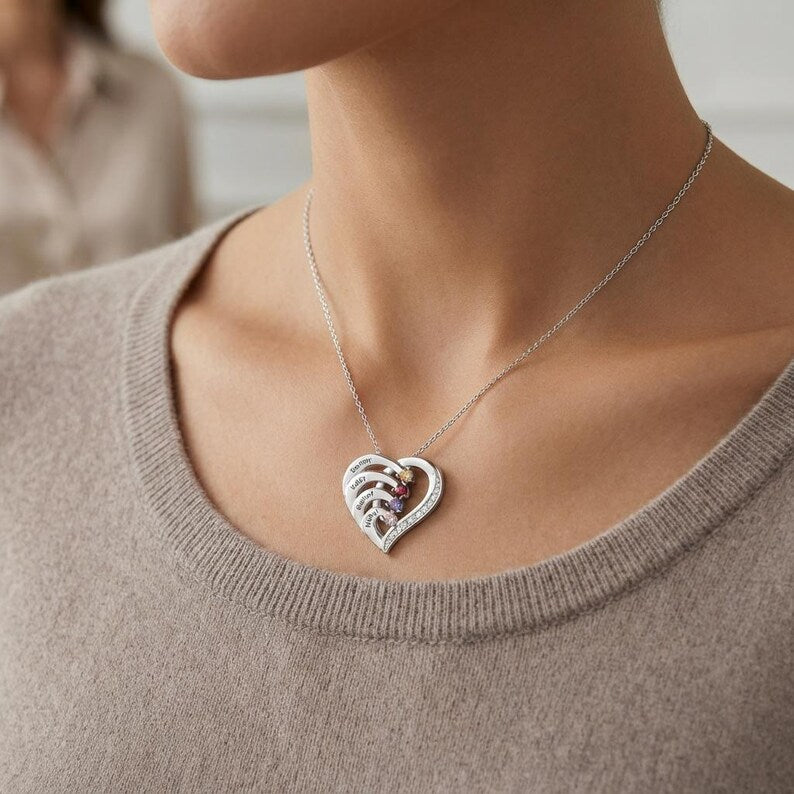 Customised Engraved Family Name Necklace with Birthstones